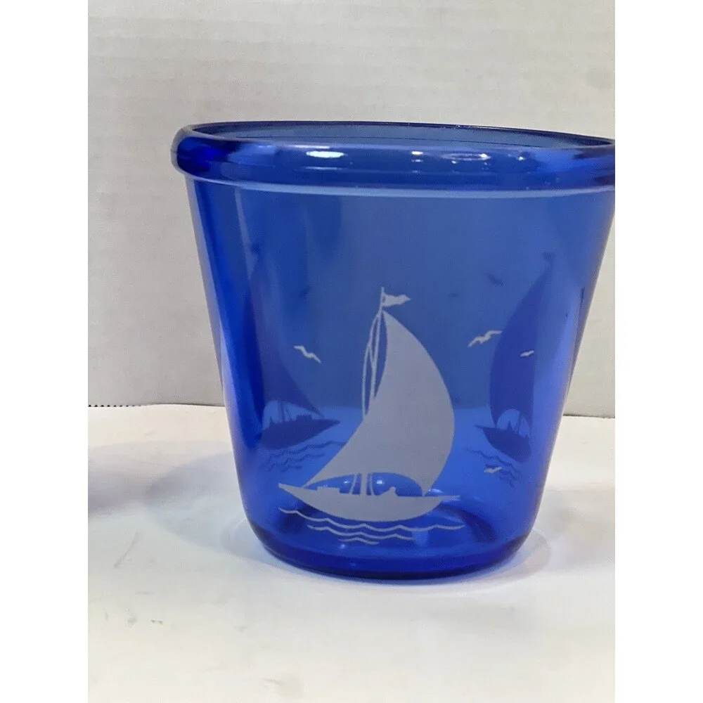 Vintage Hazel Atlas Cobalt Blue Cocktail Shaker glasses ice bucket Sailboat